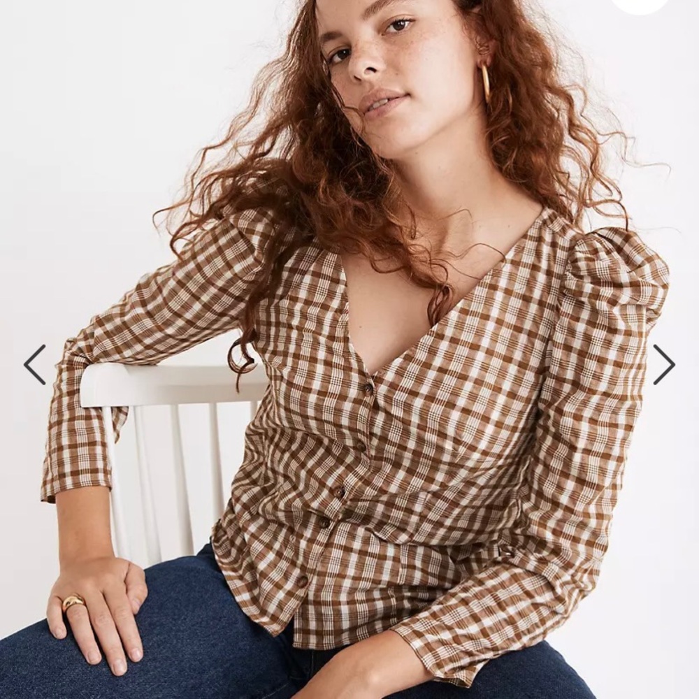 Madewell Plaid Button Up Puff Sleeve Blouse